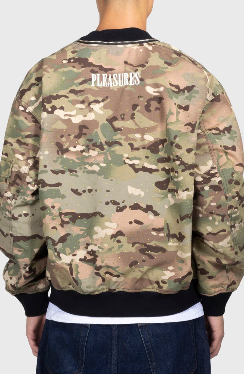 PLEASURES Rhinestone Embellished Camo Print Cotton Bomber Jacket, Alternate, color, Camo