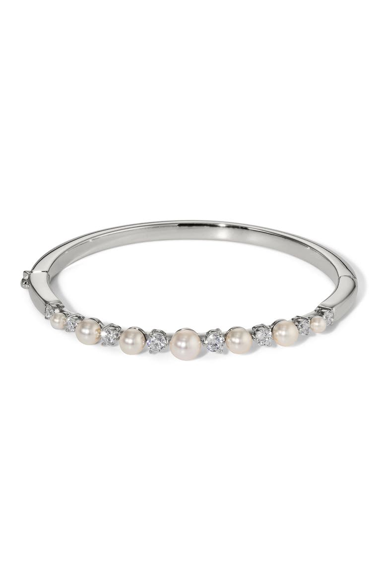 Cubic Zirconia & Faux Pearl Hinge Bangle Bracelet, Main, color, RHODIUM