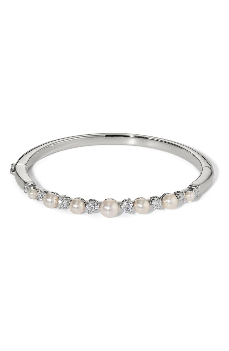 Nadri Cubic Zirconia & Faux Pearl Hinge Bangle Bracelet, Main, color, Rhodium