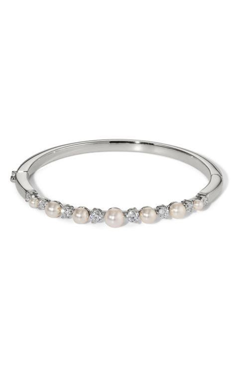 Cubic Zirconia & Faux Pearl Hinge Bangle Bracelet