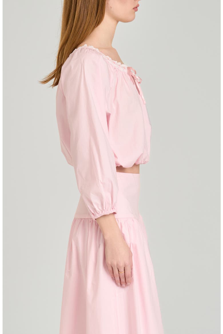 Mia Boho Lace Trim Gathered Stretch Cotton Top, Alternate, color, LIGHT PINK