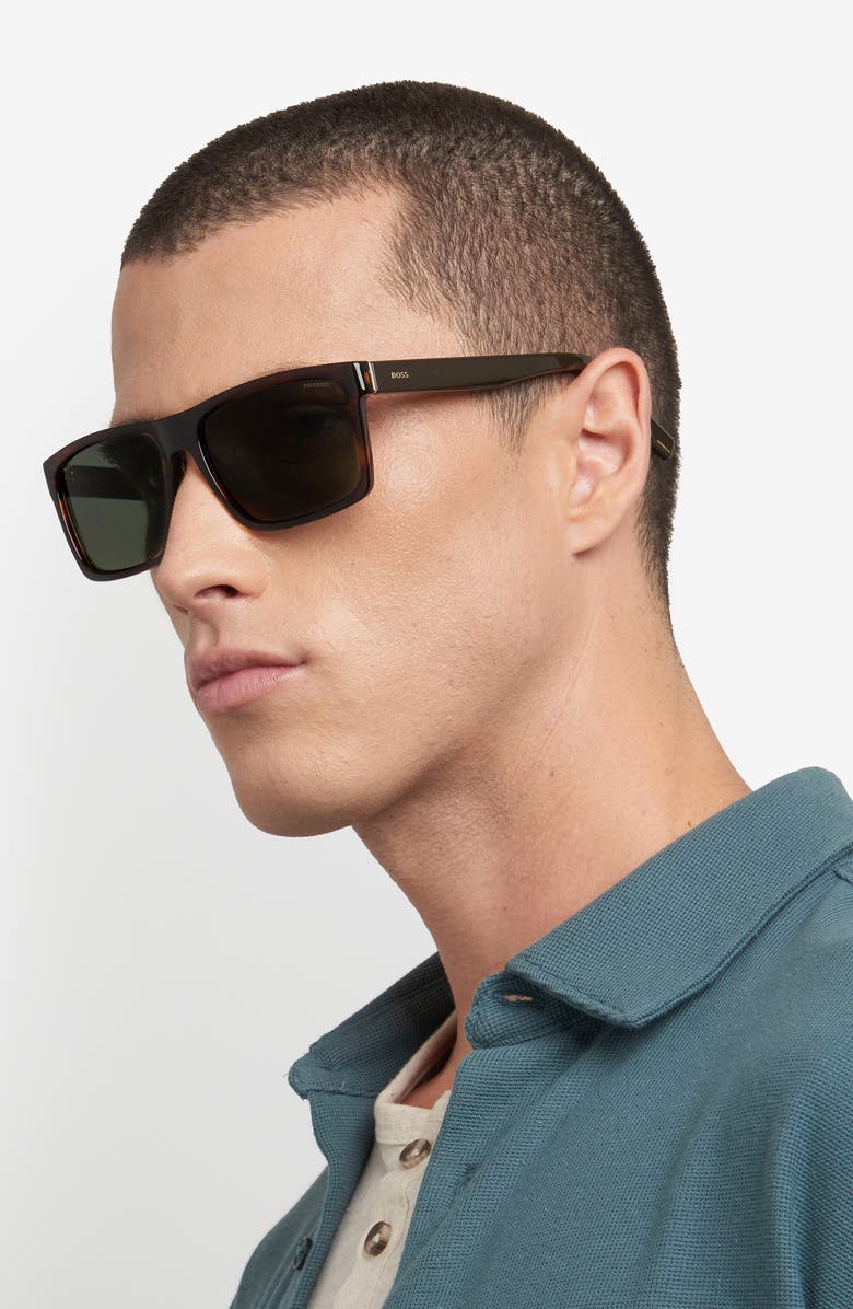 BOSS 59mm Polarized Rectangular Sunglasses, Alternate, color, Brown Horn/ Green Polar