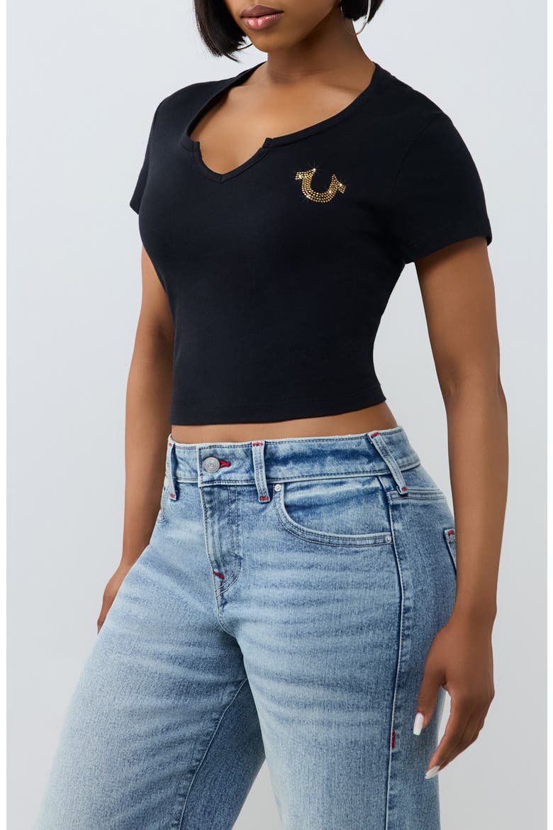 Crystal Logo Notched Neck Baby Tee, Alternate, color, JET BLACK