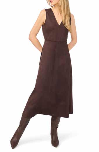 V-Neck Faux Suede Midi Dress