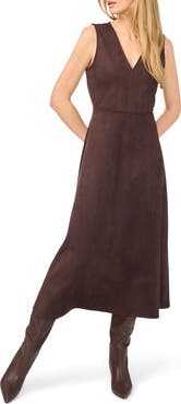 Halogen® V-Neck Faux Suede Midi Dress