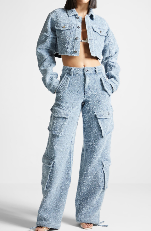 Anne High Waisted Boucle Denim Cargo Pants