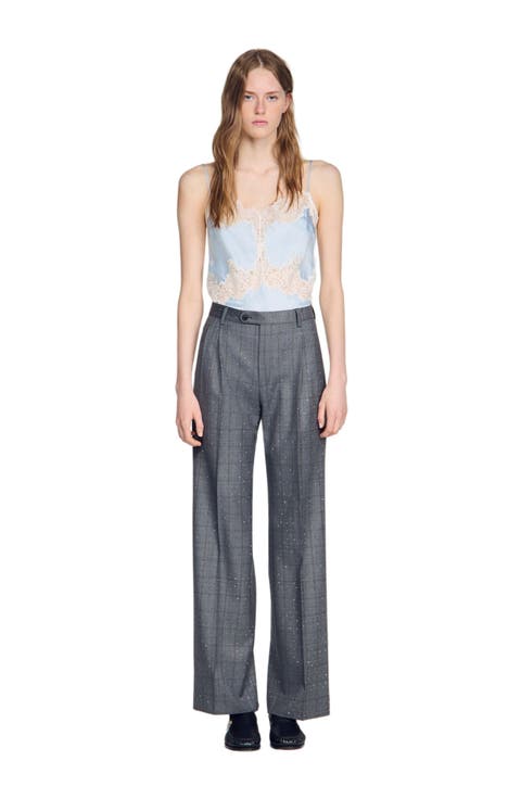 Rhinestone check wool trousers