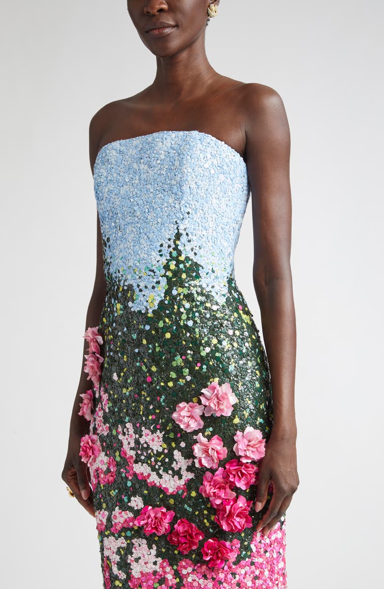 Oscar de la Renta Rose Field Sequin Strapless Gown, Alternate, color,