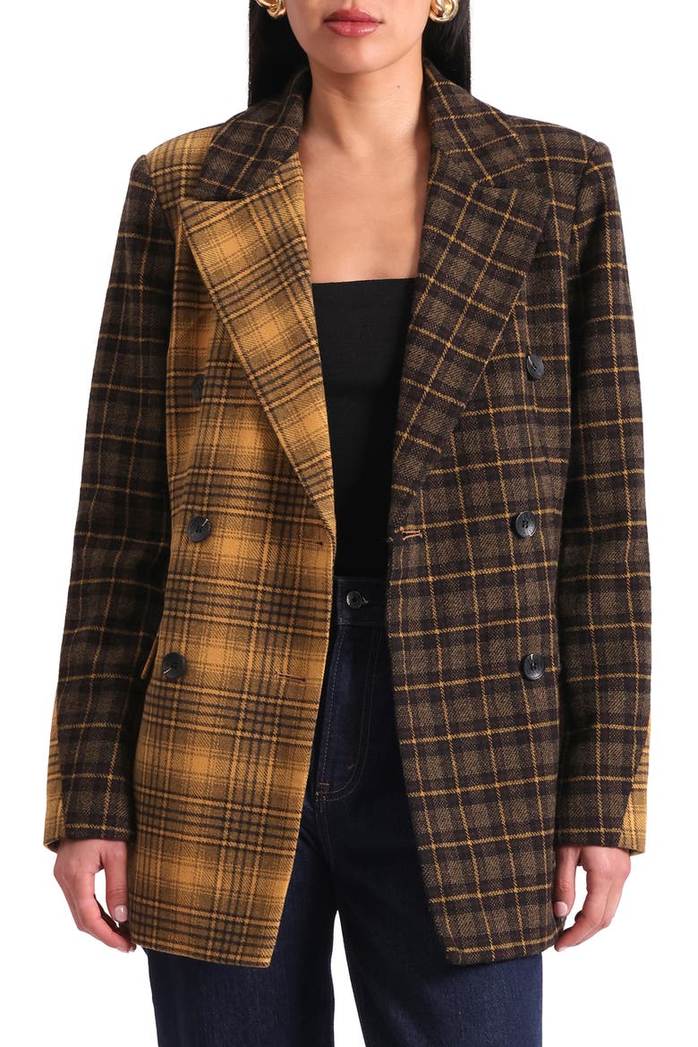 Mixed Plaid Hourglass Double Breasted Blazer, Main, color, BROWN - MUSTARD PLAID