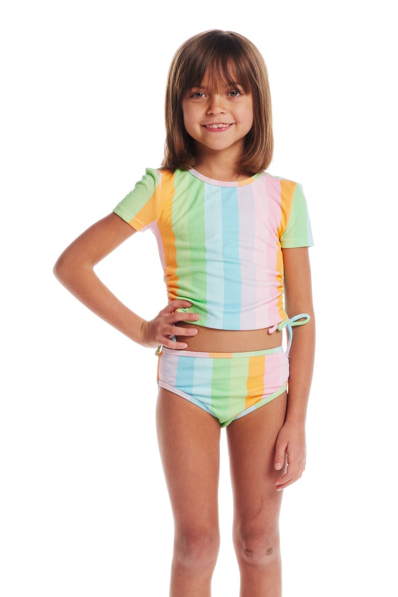 Kids' Short Sleeve Two-Piece Rashguard Swimsuit, Alternate, color, PINK MULTI
