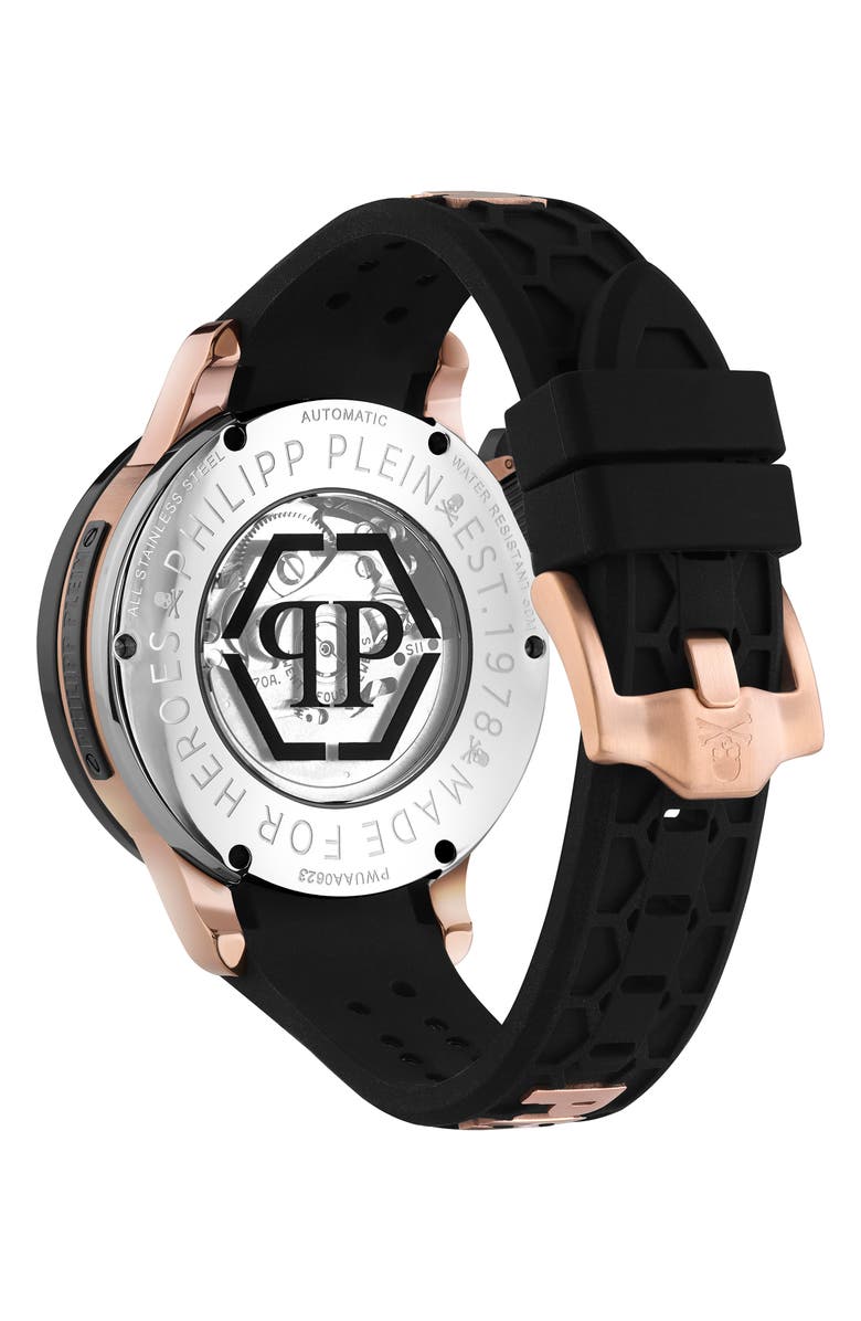 PHILIPP PLEIN Rich Skeleton Silicone Strap Watch, 46mm, Alternate, color, Ip Rose Gold