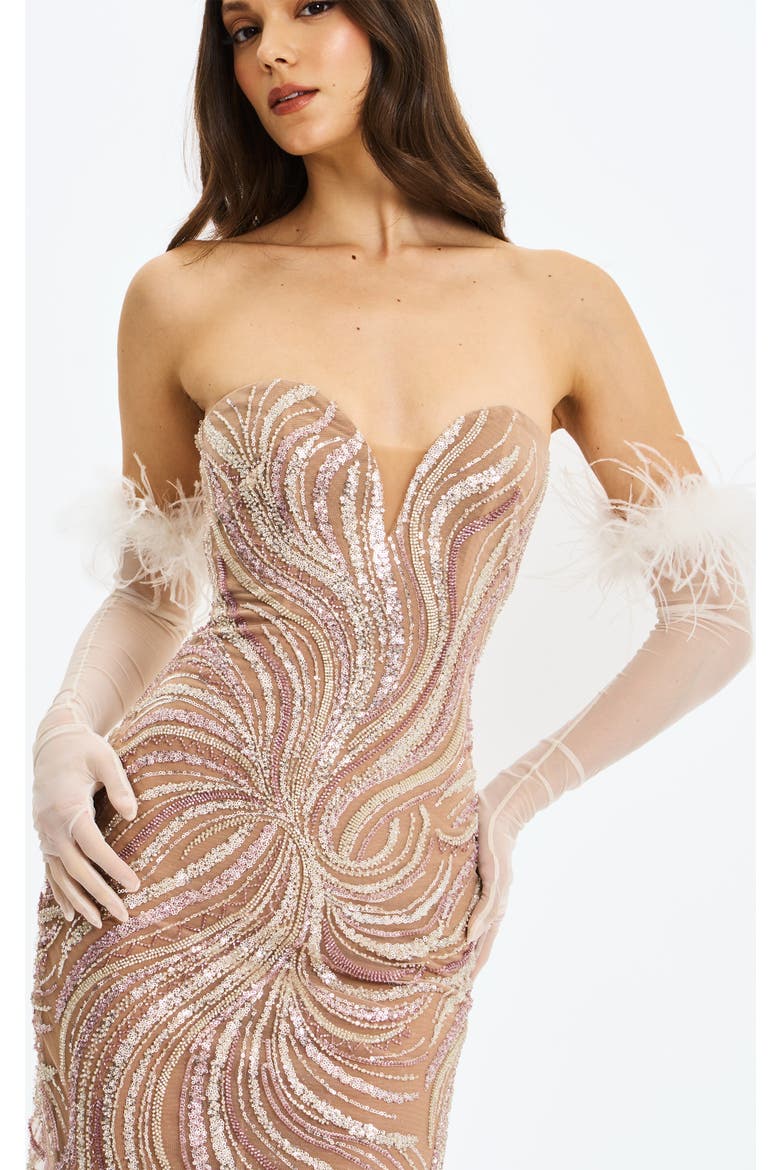 Quinn Feather Trimmed Opera-Length Gloves, Main, color, White