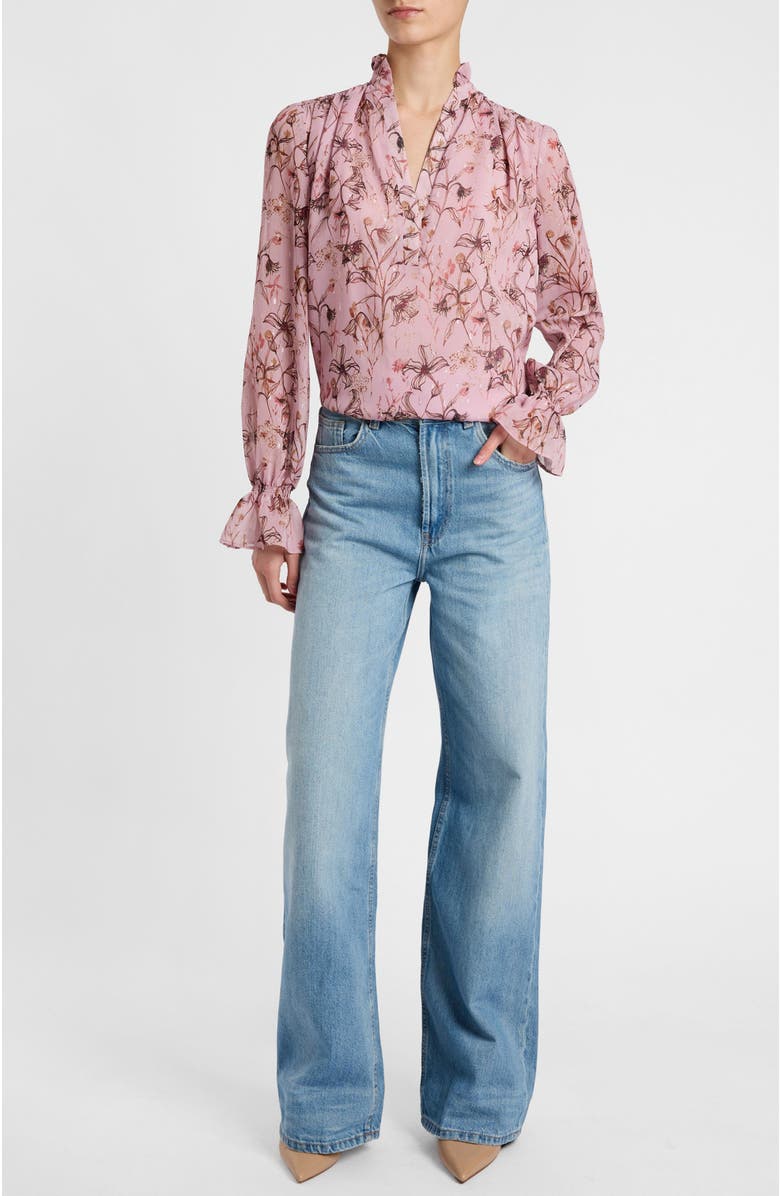 Santorelli Chelsea Long Sleeve Ruffle Neck Blouse in Printed Georgette, Alternate, color, Sweet Pink