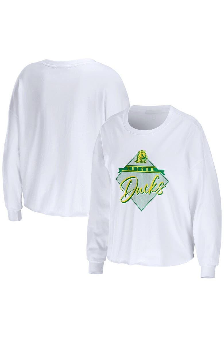 Women's WEAR by Erin Andrews White Oregon Ducks Diamond Long Sleeve Cropped T-Shirt, Main, color, White