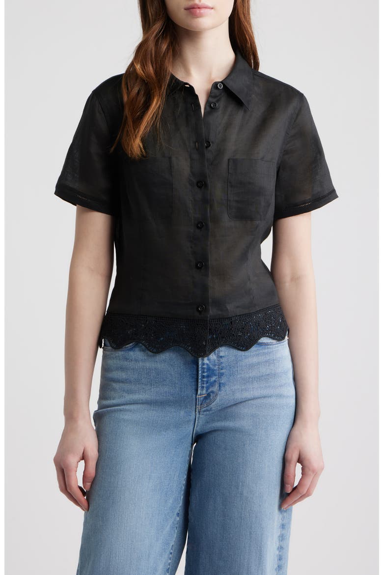 The Embroidered Seaside Ramie Button-Up Top, Main, color, BLACK