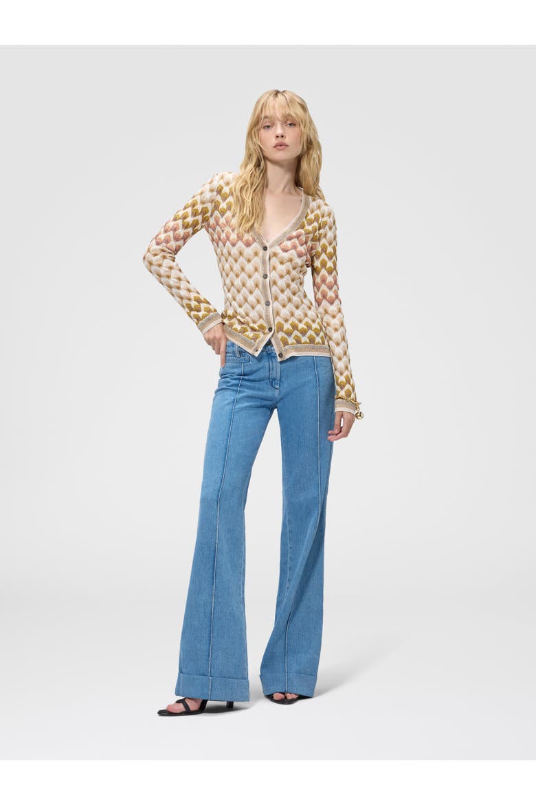 Slim Viscose Lamé Cardigan With Lace Motif, Alternate, color, Gold& Beige