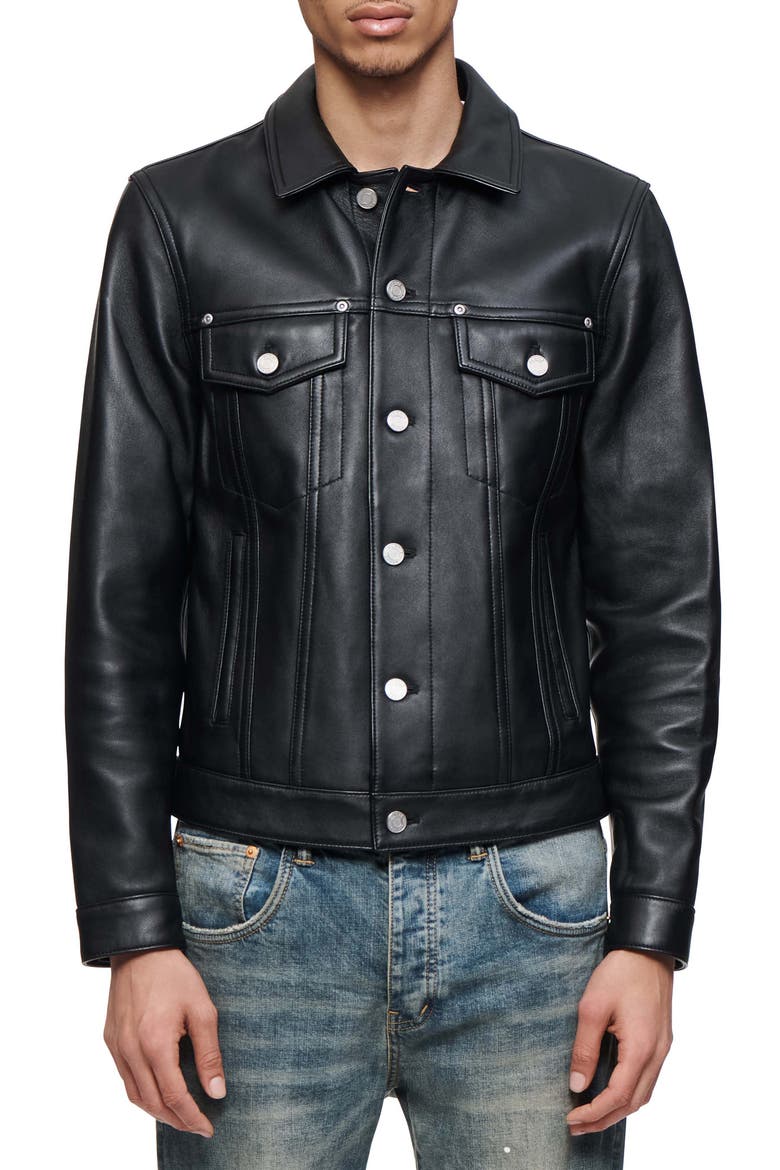 Leather Trucker Jacket, Main, color, BLACK