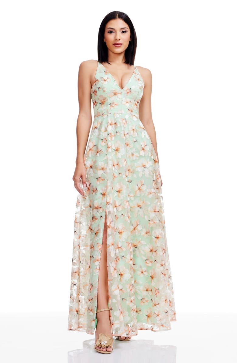 Dress the Population Alyssa Embroidered Floral Gown, Alternate, color, Sage Multi