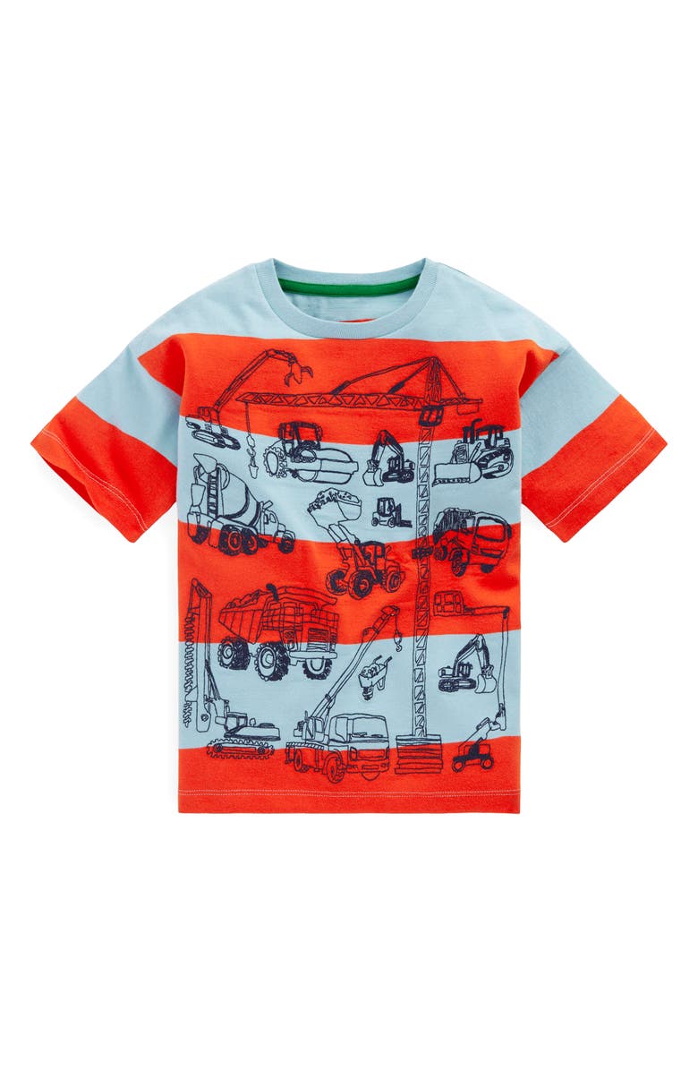 Mini Boden Kids' Stripe Construction Embroidered Cotton Graphic T-Shirt, Main, color, Forget-Me-Not/ Fiesta