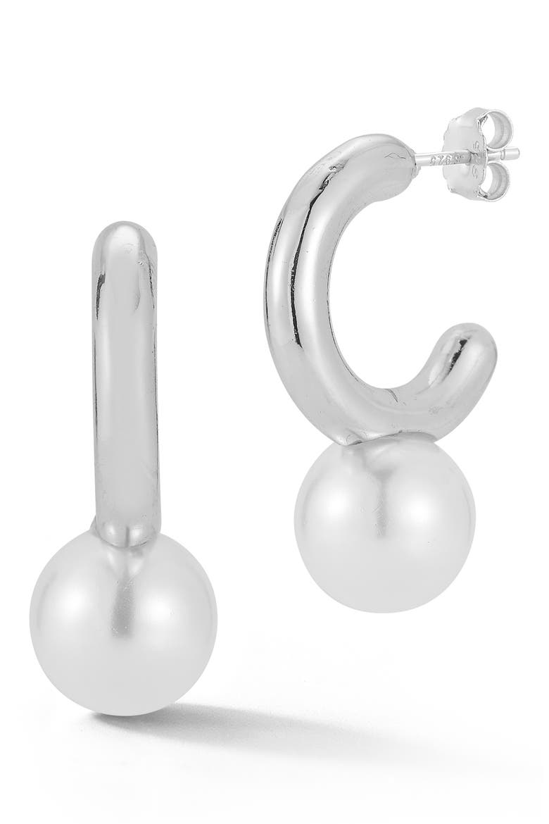Faux Pearl Drop Hoop Earrings, Main, color, SILVER
