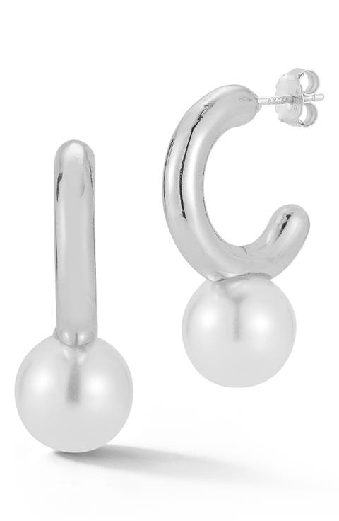 Faux Pearl Drop Hoop Earrings