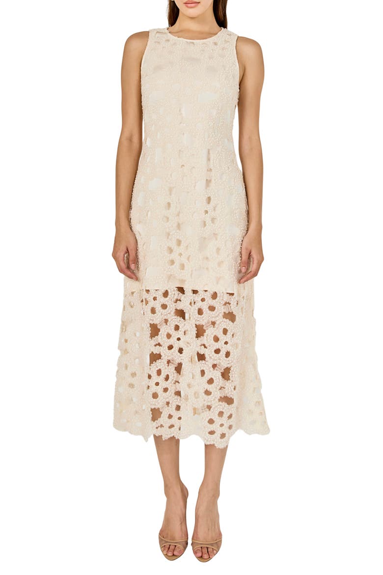 Pearl Floral Lace Midi Dress, Main, color, CREAM