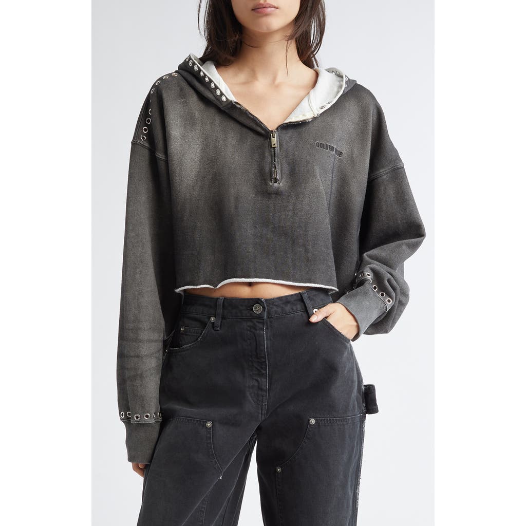 Golden Goose Journey Grommet Crop Half Zip Cotton Hoodie In Dark Anthracite