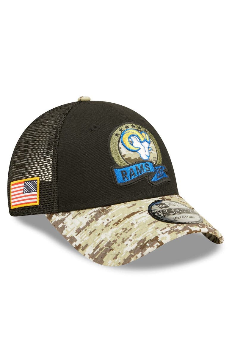 New Era Men's New Era Black/Camo Los Angeles Rams 2022 Salute To Service 9FORTY Snapback Trucker Hat, Main, color, 