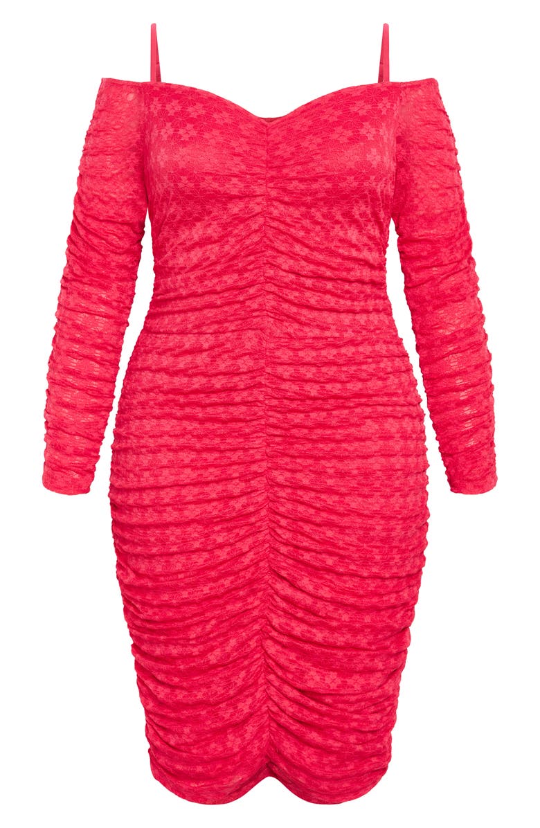 City Chic Lorelai Ruched Cold Shoulder Long Sleeve Dress, Alternate, color, Pop Pink