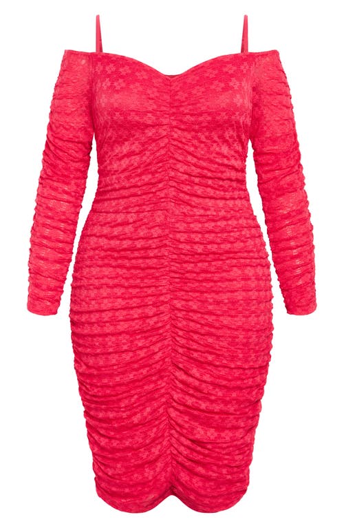 City Chic Lorelai Ruched Cold Shoulder Long Sleeve Dress In Pop Pink