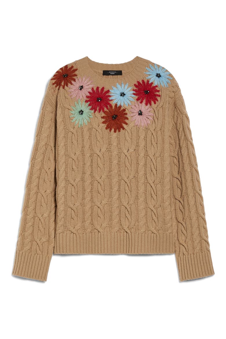 Sasia Beaded Floral Detail Virgin Wool Blend Sweater, Alternate, color, CAMEL