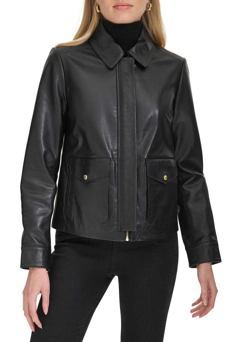 Leather Trucker Jacket, Alternate, color, BLACK