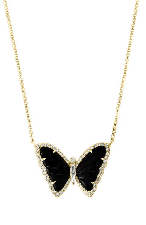 Onyx & Diamond Butterfly Pendant Necklace