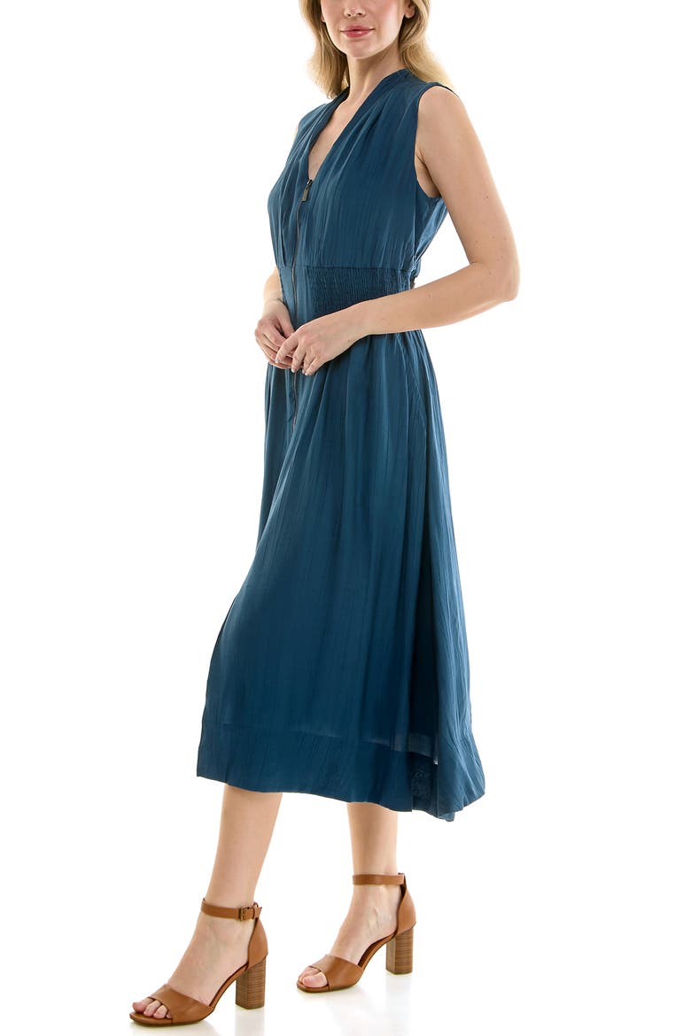 Smocked Waist Zip Front Midi Dress, Alternate, color, DARK DENIM