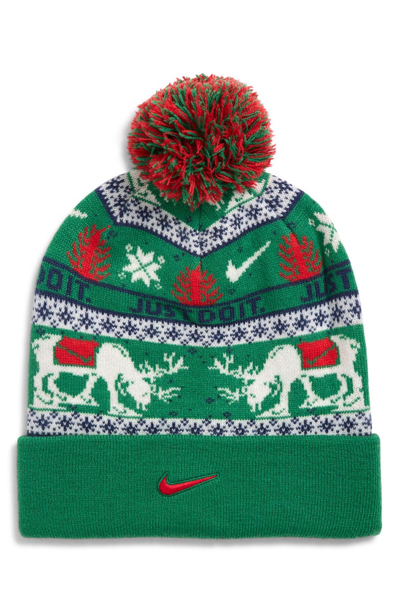 Nike Kids' Peak Pom Beanie, Main, color, Pine Green/ Sail/ Mid Navy