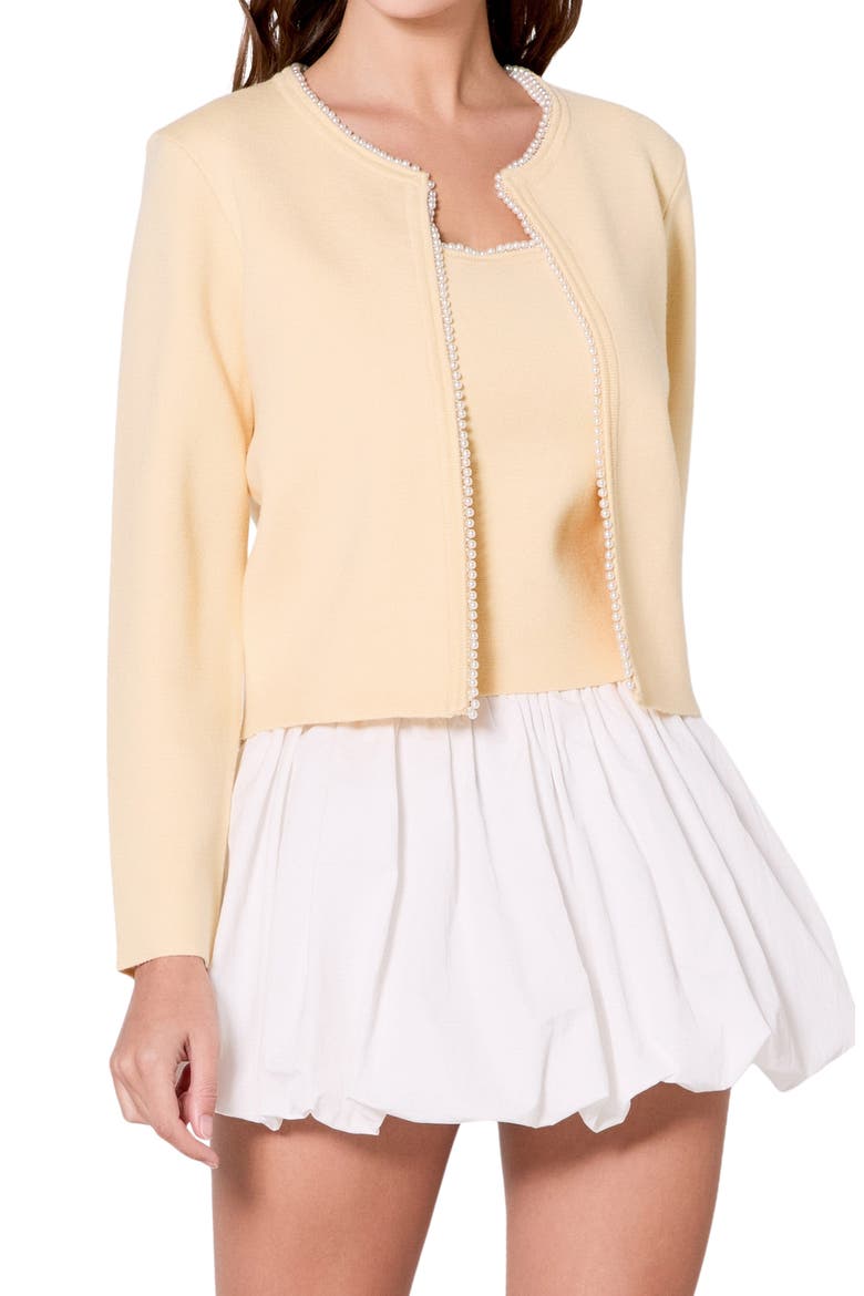 Faux Pearl Trim Cardigan, Alternate, color, BUTTER