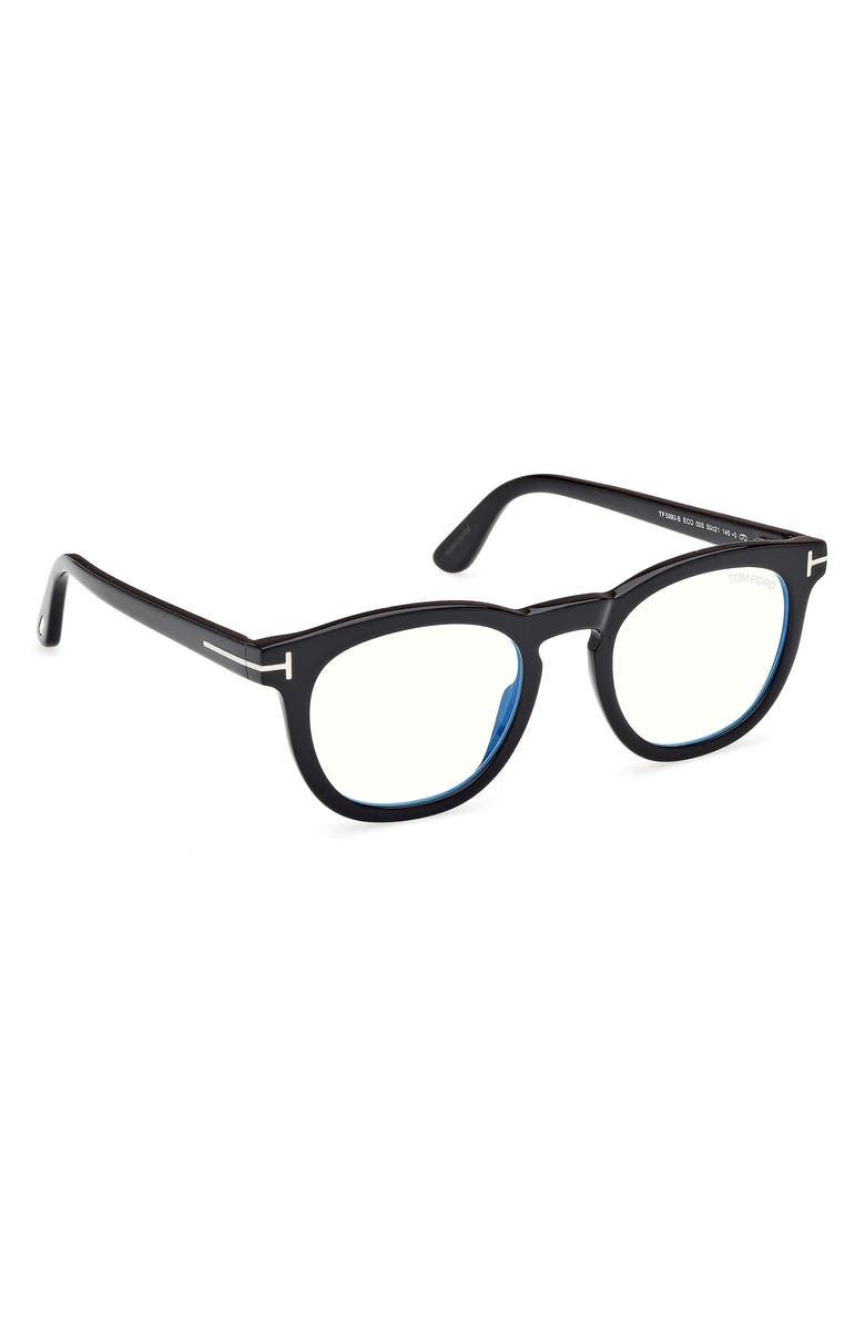 TOM FORD 50mm Small Round Blue Light Blocking Glasses, Alternate, color, Black/ White Eco / T Logo