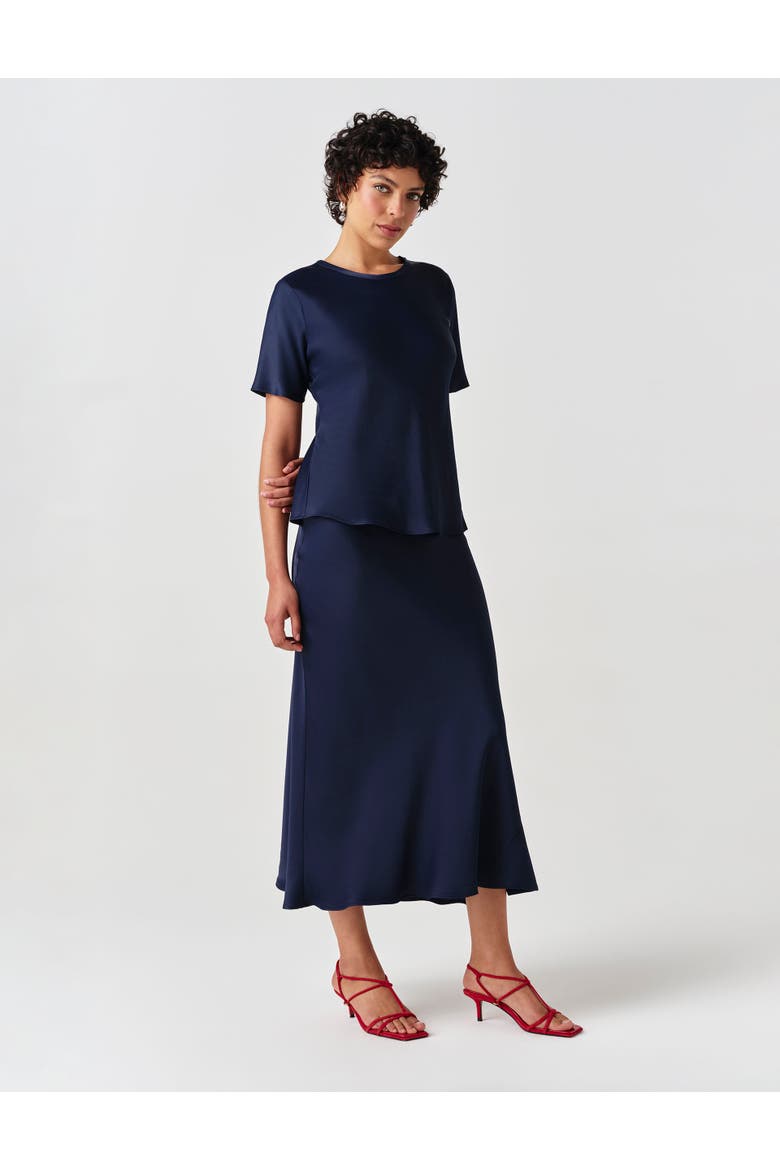 Ria Short Sleeve Satin Top, Alternate, color, Navy