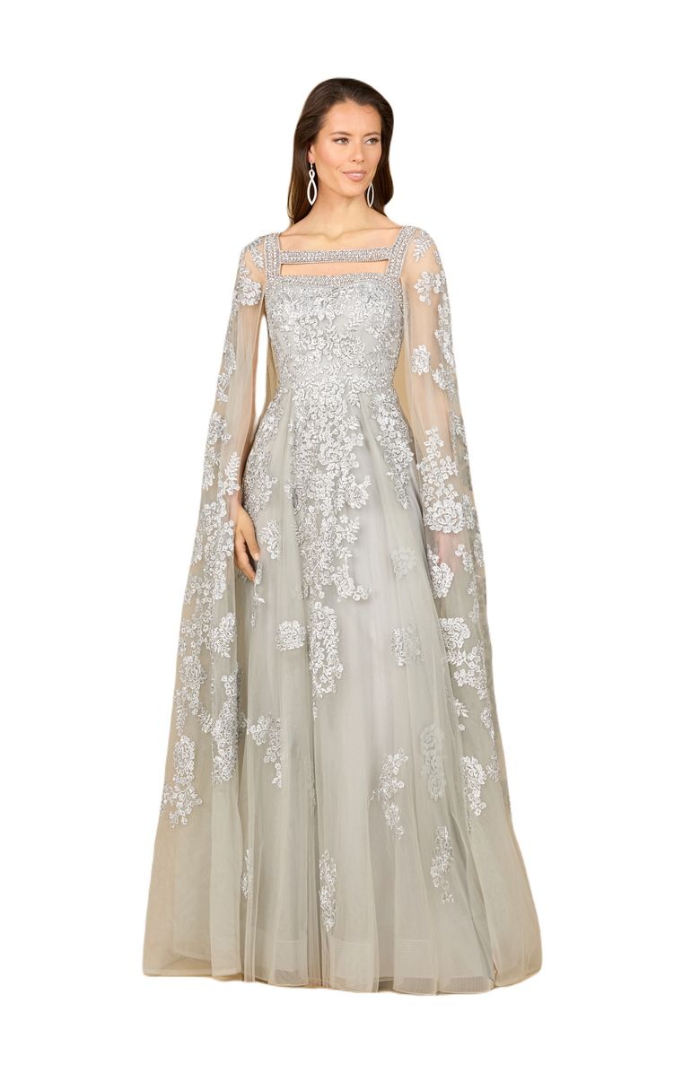 LARA New York Lace Gown with Long Cape Sleeves, Main, color, Silver