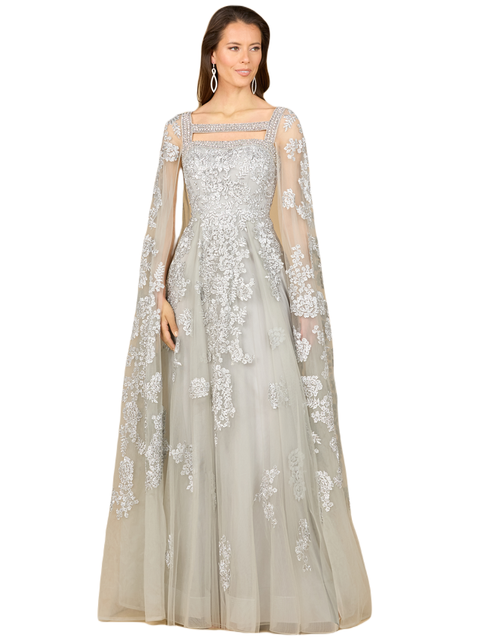 Lace Gown with Long Cape Sleeves