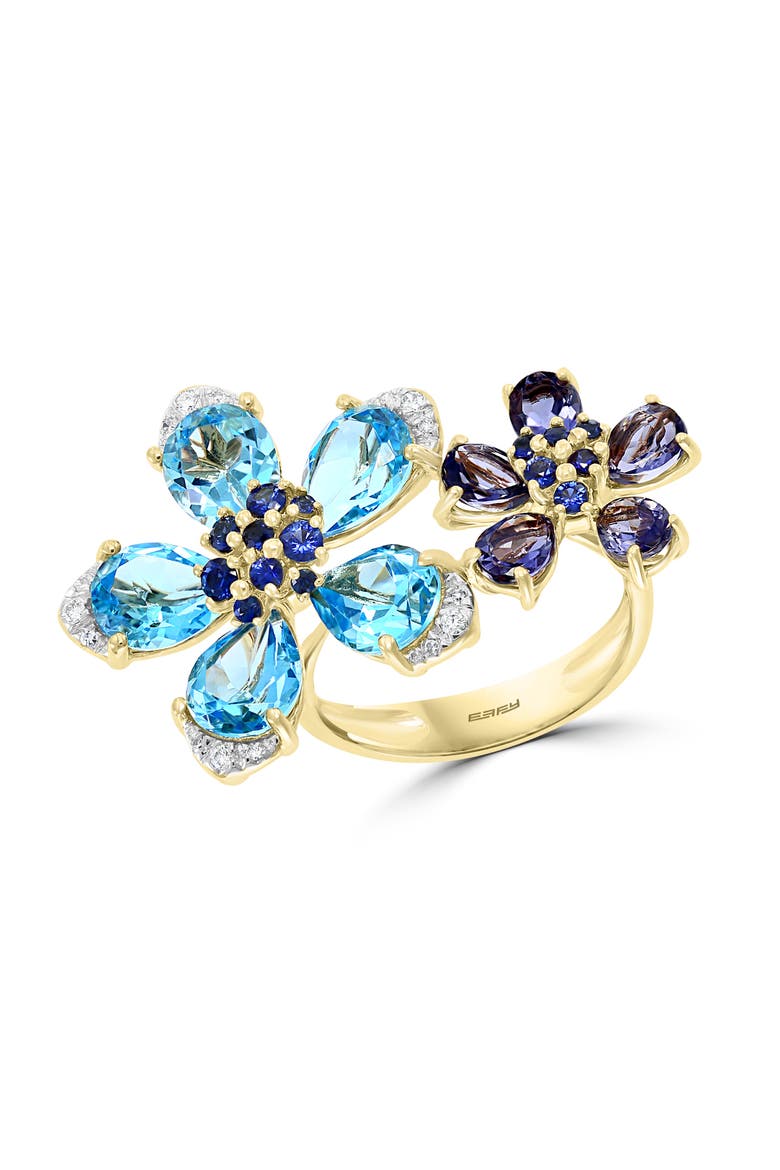 14K Yellow Gold Diamond & Gemstone Double Flower Ring, Main, color, 14K Gold