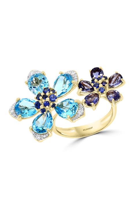 14K Yellow Gold Diamond & Gemstone Double Flower Ring