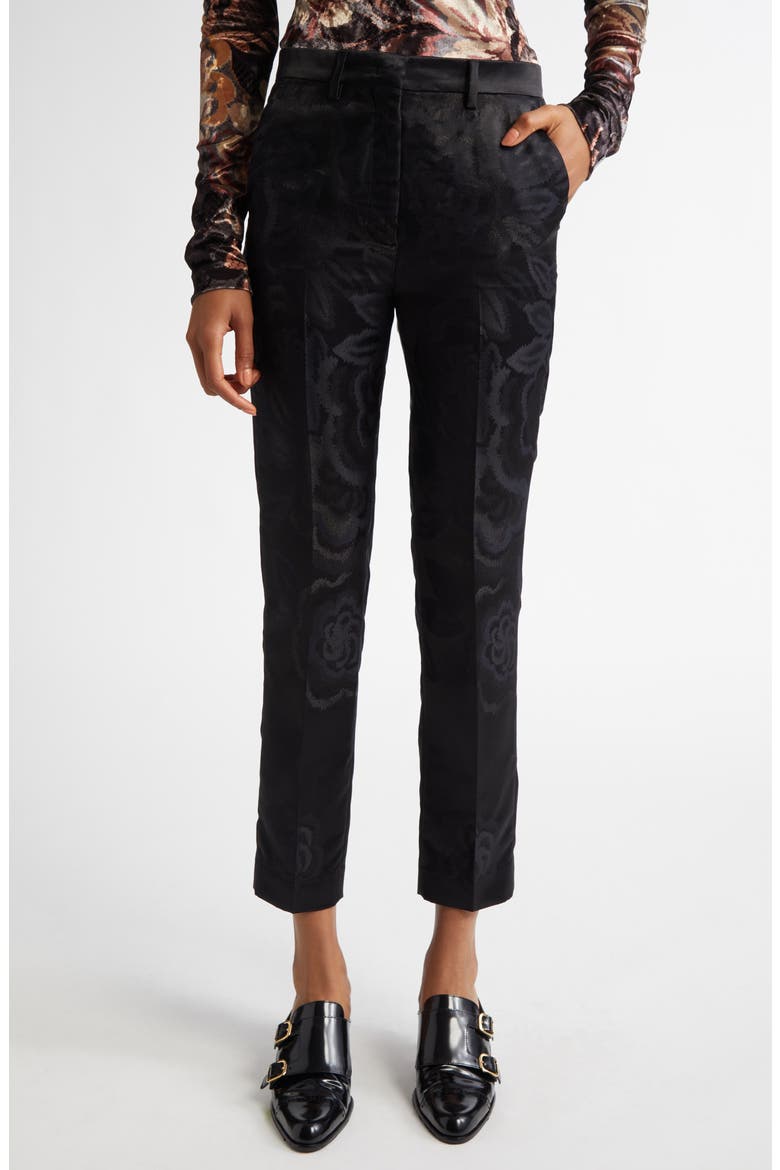 Floral Jacquard Tapered Satin Cigarette Trousers, Main, color, BLACK