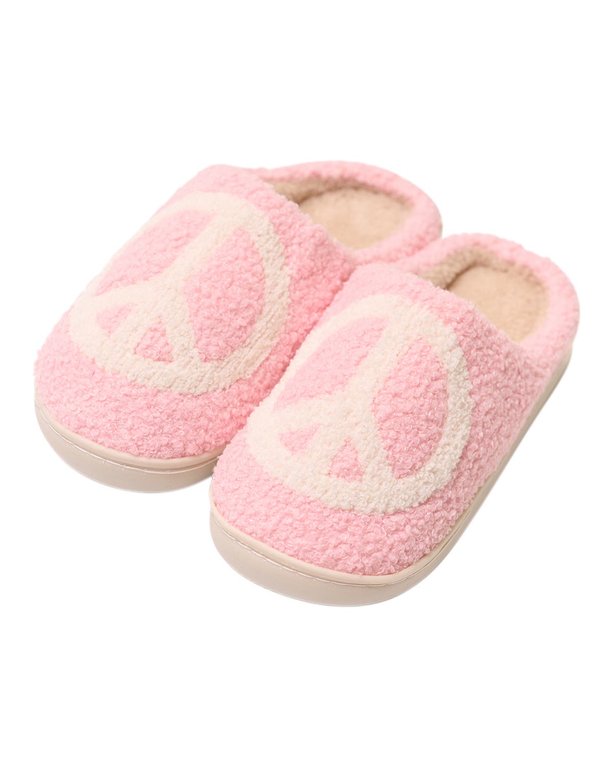 Plush peace symbol slippers, Main, color, Pink & White
