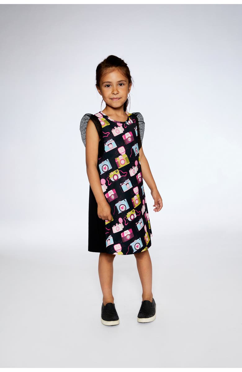 Deux par Deux Girl's Printed Dress With Mesh Sleeves Black, Alternate, color,