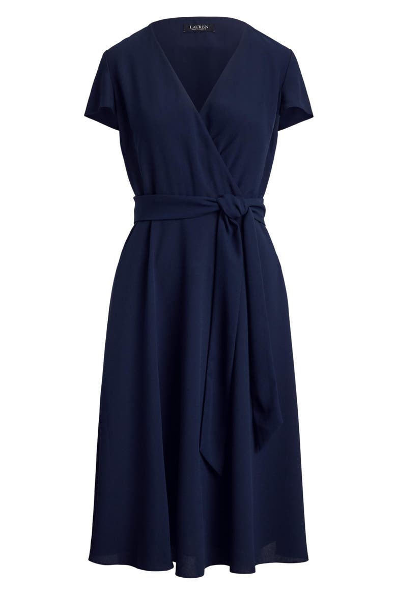 Flutter Sleeve Belted Georgette Dress, Alternate, color, LAUREN NAVY BLUE