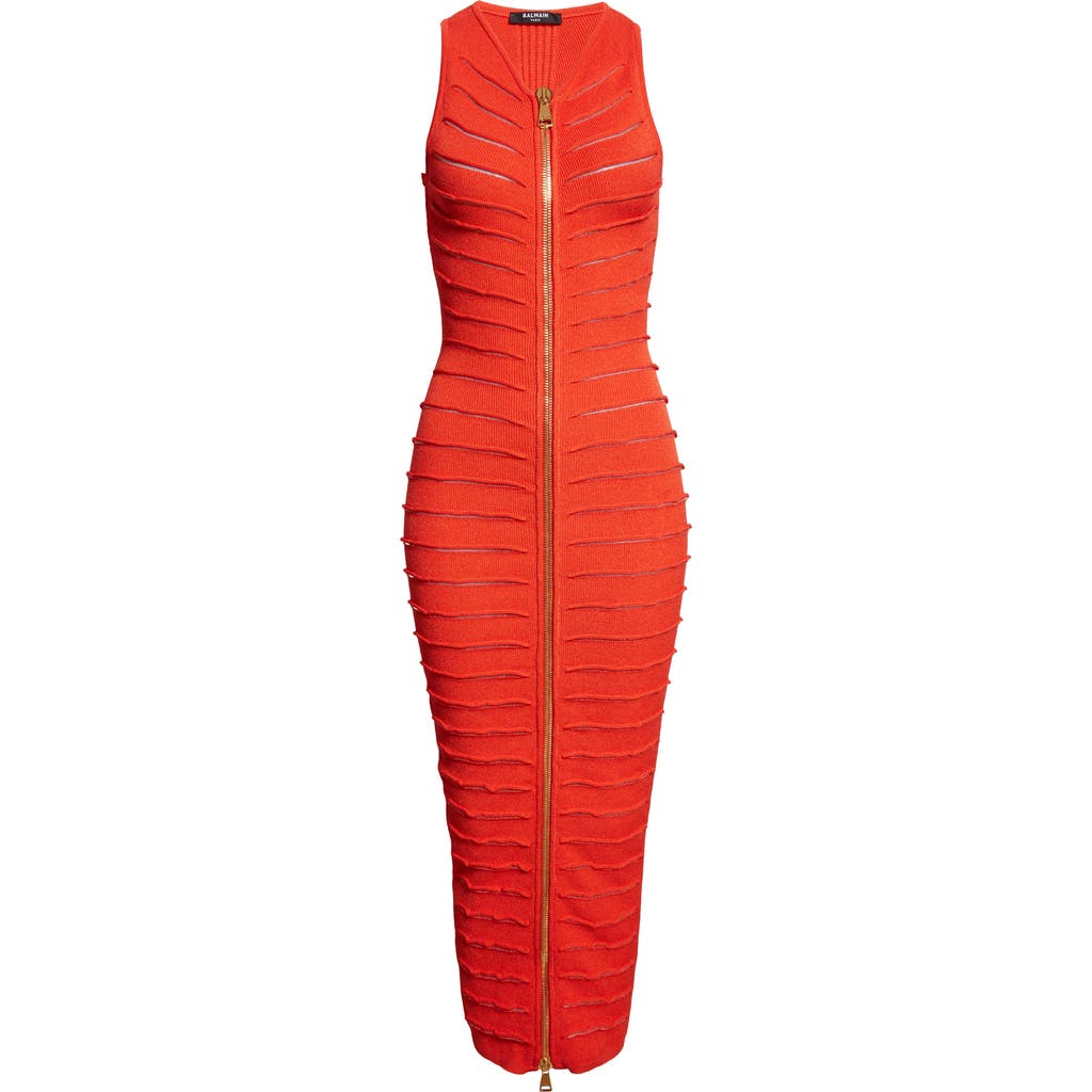 Balmain Long Sleeveless Dress In Crocodile Knit In Red