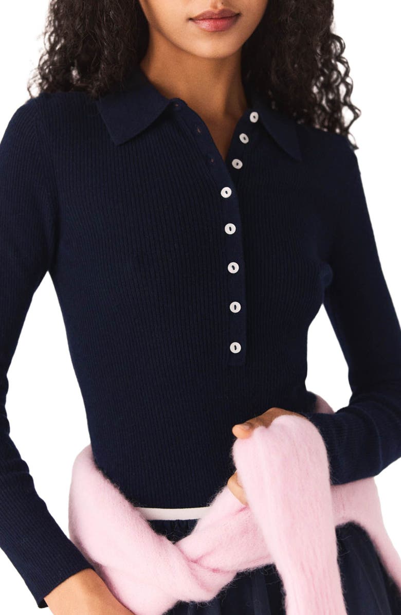maje Polo collar ribbed sweater, Alternate, color, Navy