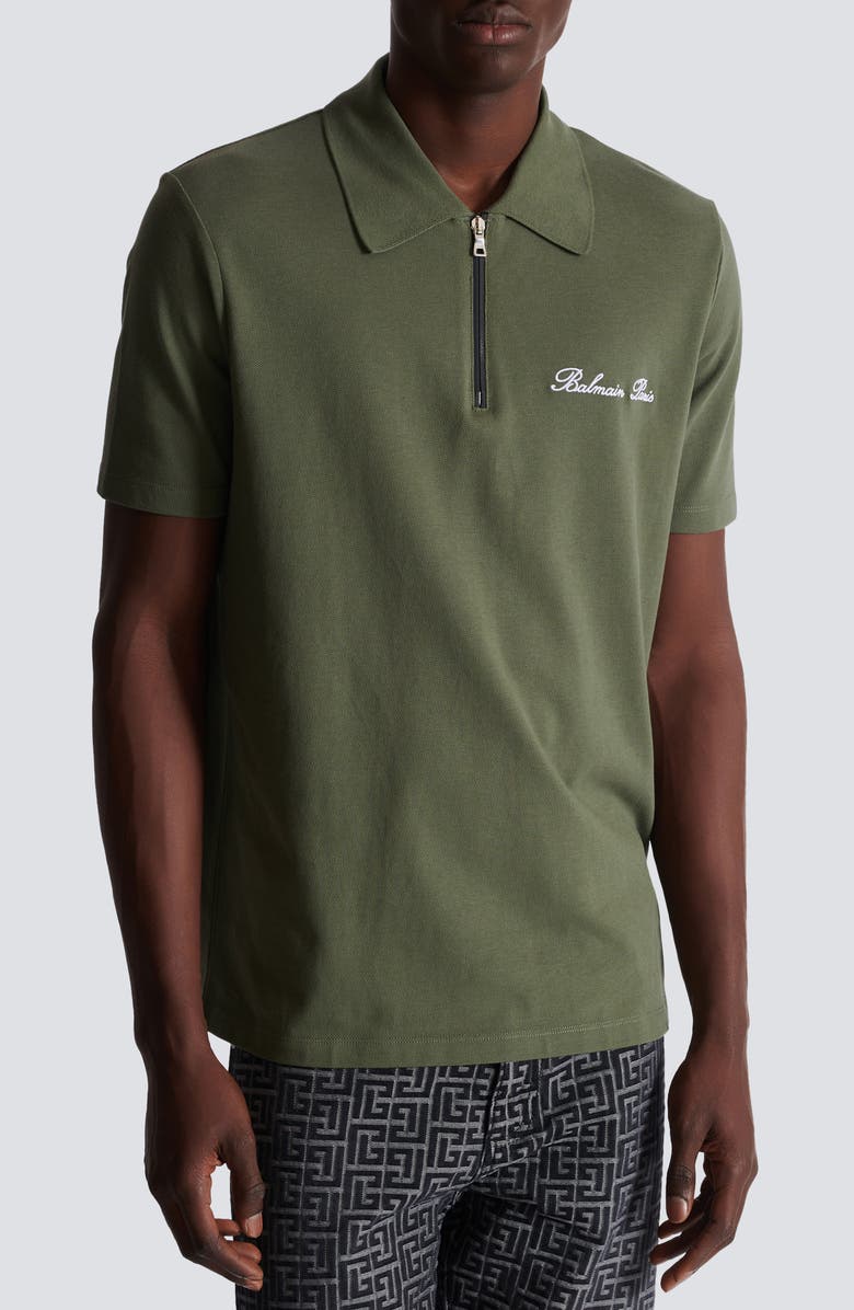 Balmain Signature Embroidered Cotton Piqué Zip Polo, Main, color, 