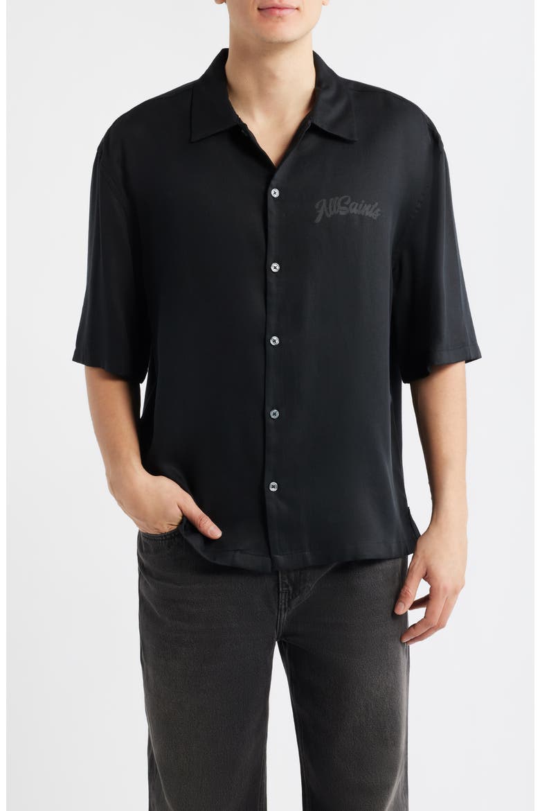 Circe Logo Graphic Oversize Short Sleeve Button-Up Shirt, Main, color, JET BLACK
